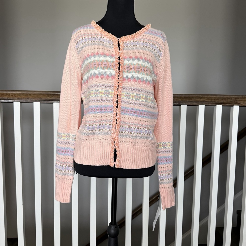 NWT Crazy Horse Liz Claiborne Fair Isle Cardigan Sweater M Velvet Ruffle Cottage